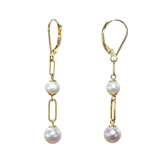 14k White Pearl Paperclip Graduated Drop Leverback Earring