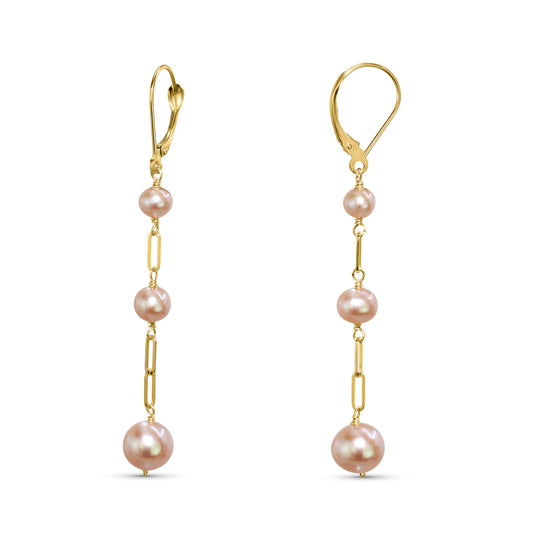 14k Natural Pink Pearl Paperclip Link Leverback Earring
