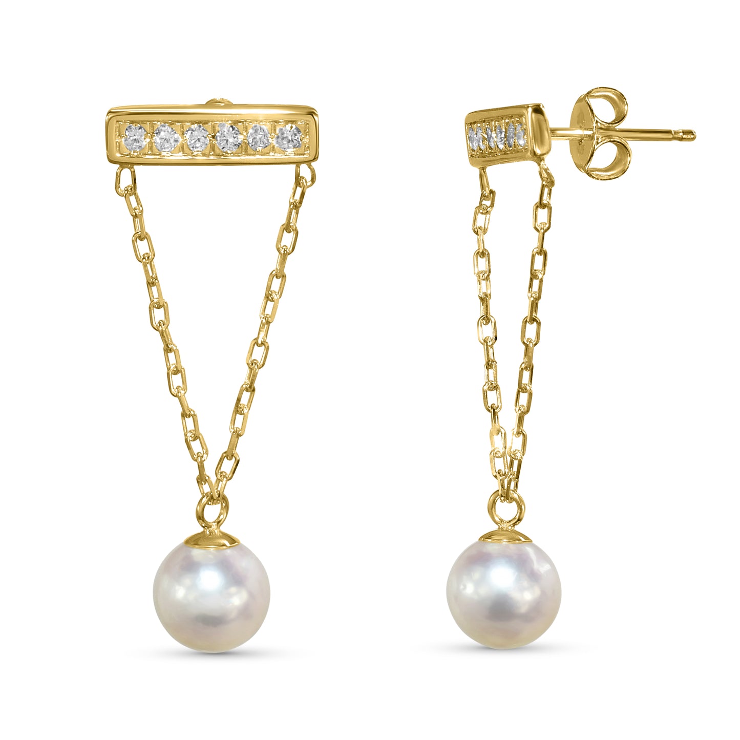 14k White Pearl Gold Chain V Shape Diamond Bar Post Earring