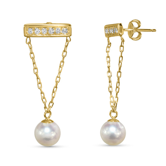 14k White Pearl Gold Chain V Shape Diamond Bar Post Earring