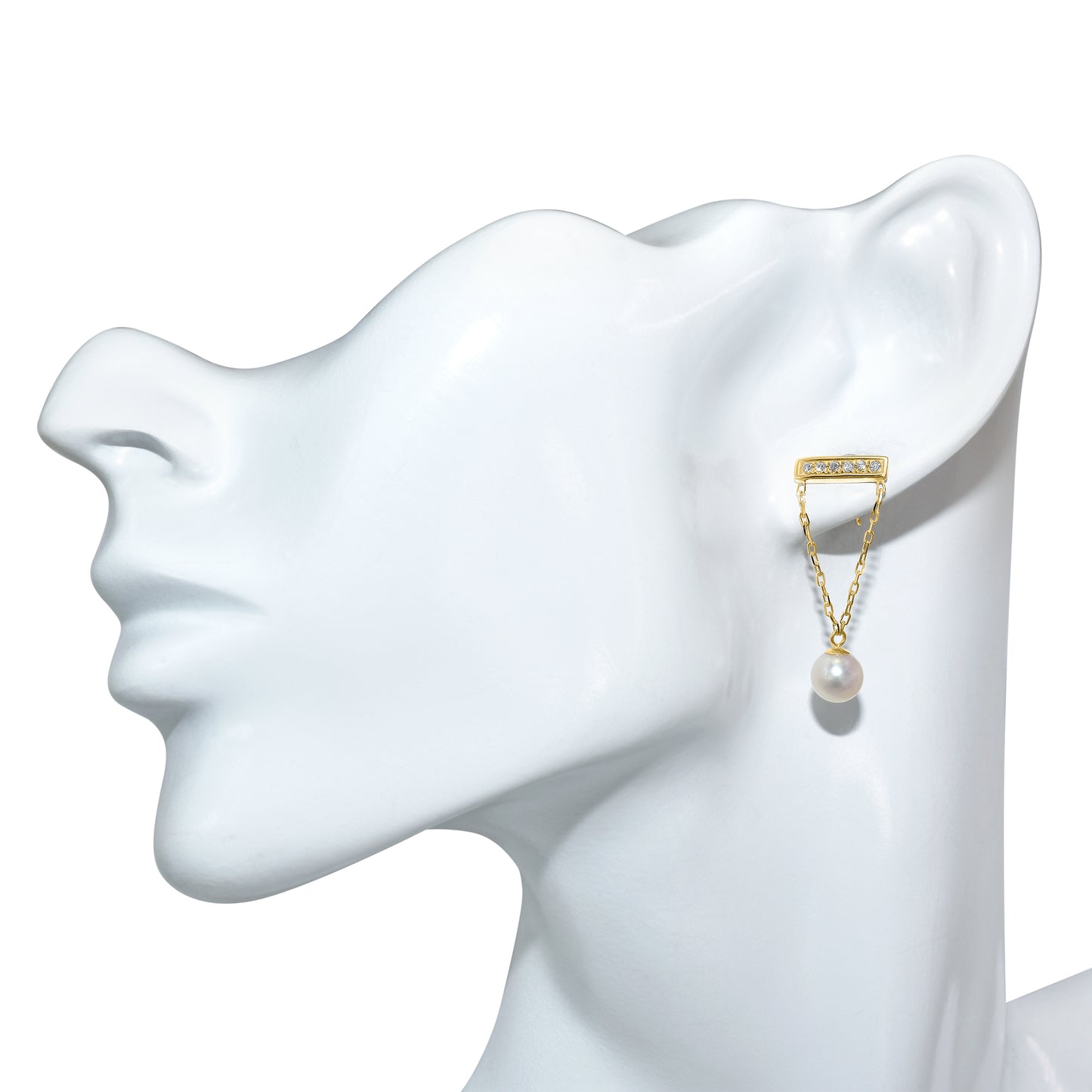 14k White Pearl Gold Chain V Shape Diamond Bar Post Earring