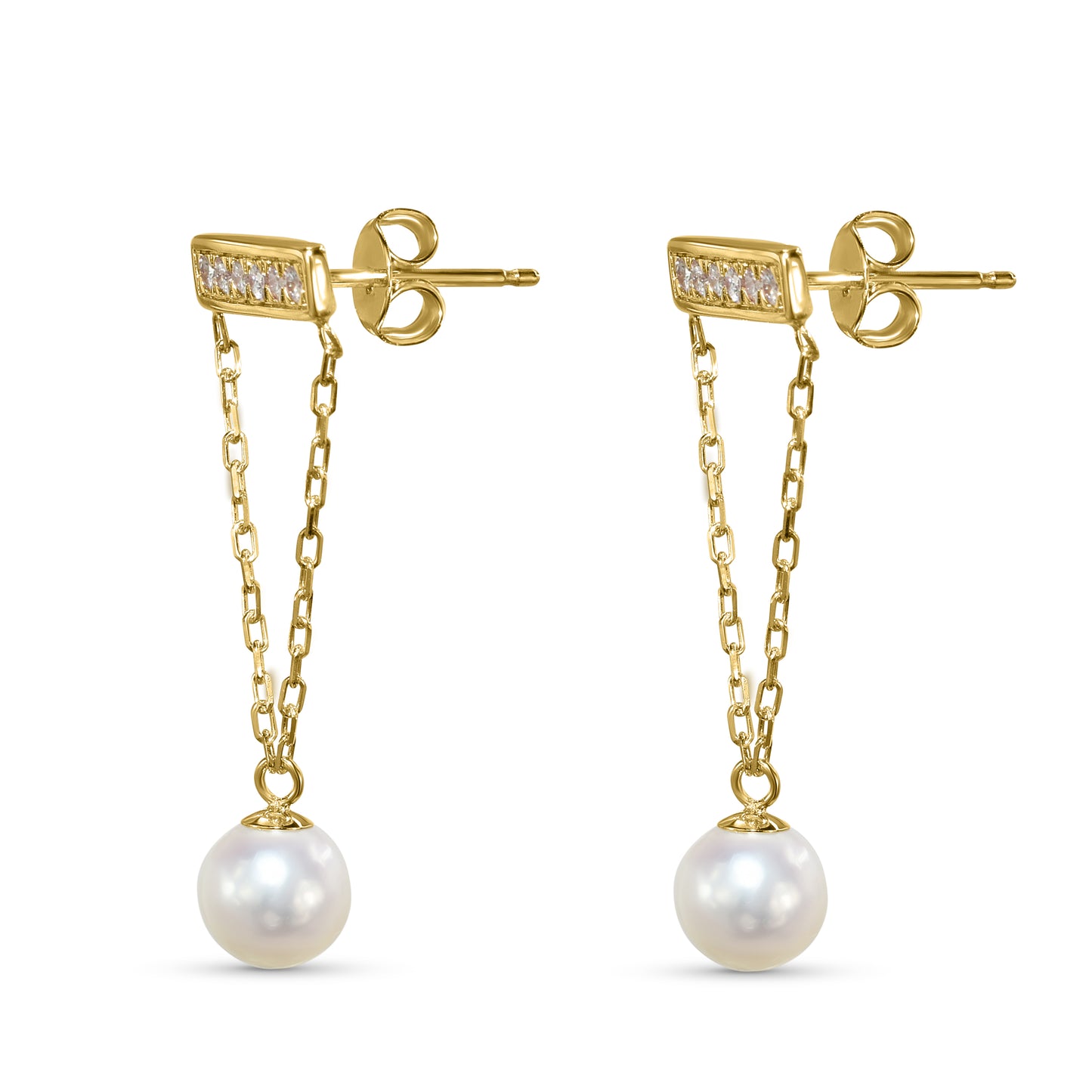 14k White Pearl Gold Chain V Shape Diamond Bar Post Earring