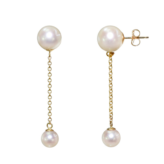 14k White Pearl Gold Chain Dangle Post Earring