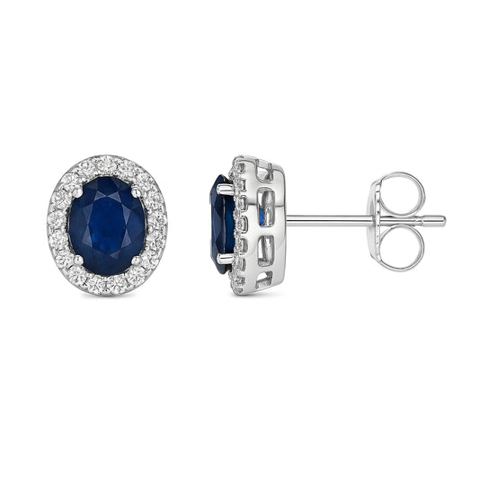 18k White Gold Sapphire Diamond Oval Stud Earring