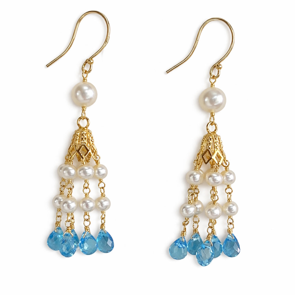 14k White Pearl & Blue Topaz Tassel Hook Earring