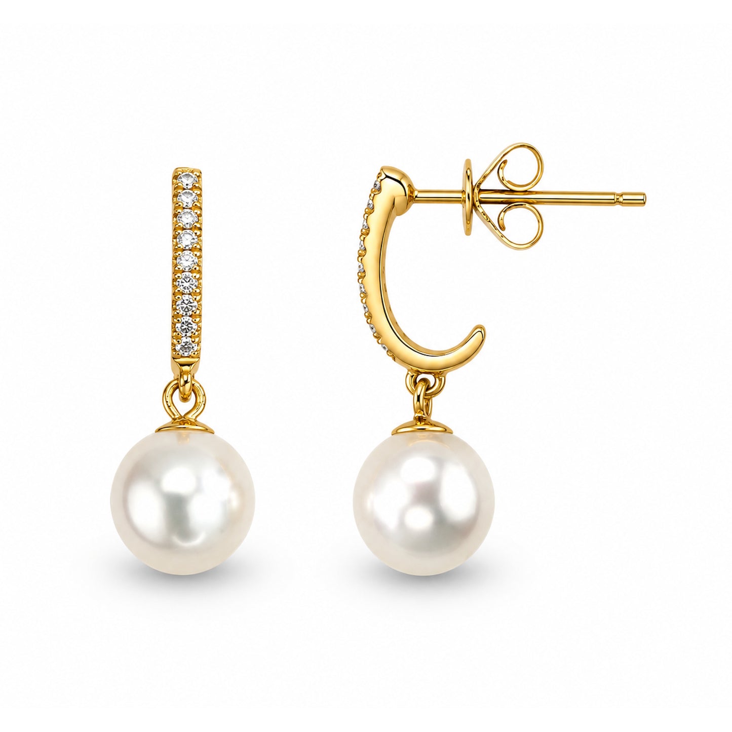 14k White Pearl VS Diamond Curve Hoop Post Earring