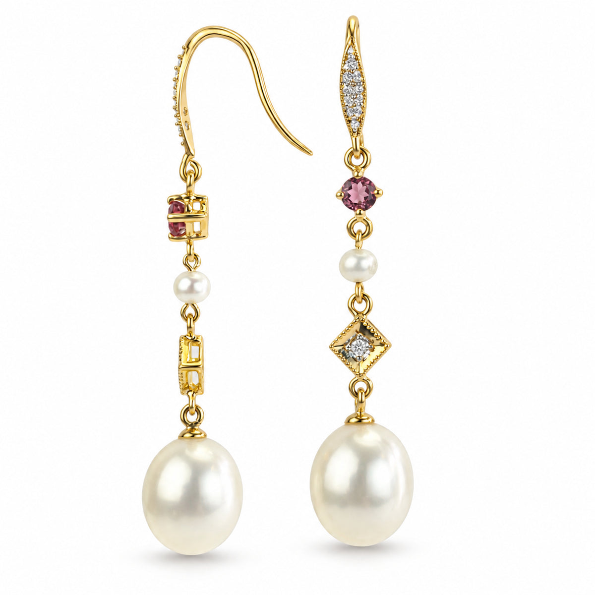 14k Diamond Pink Tourmaline Pearl Earring
