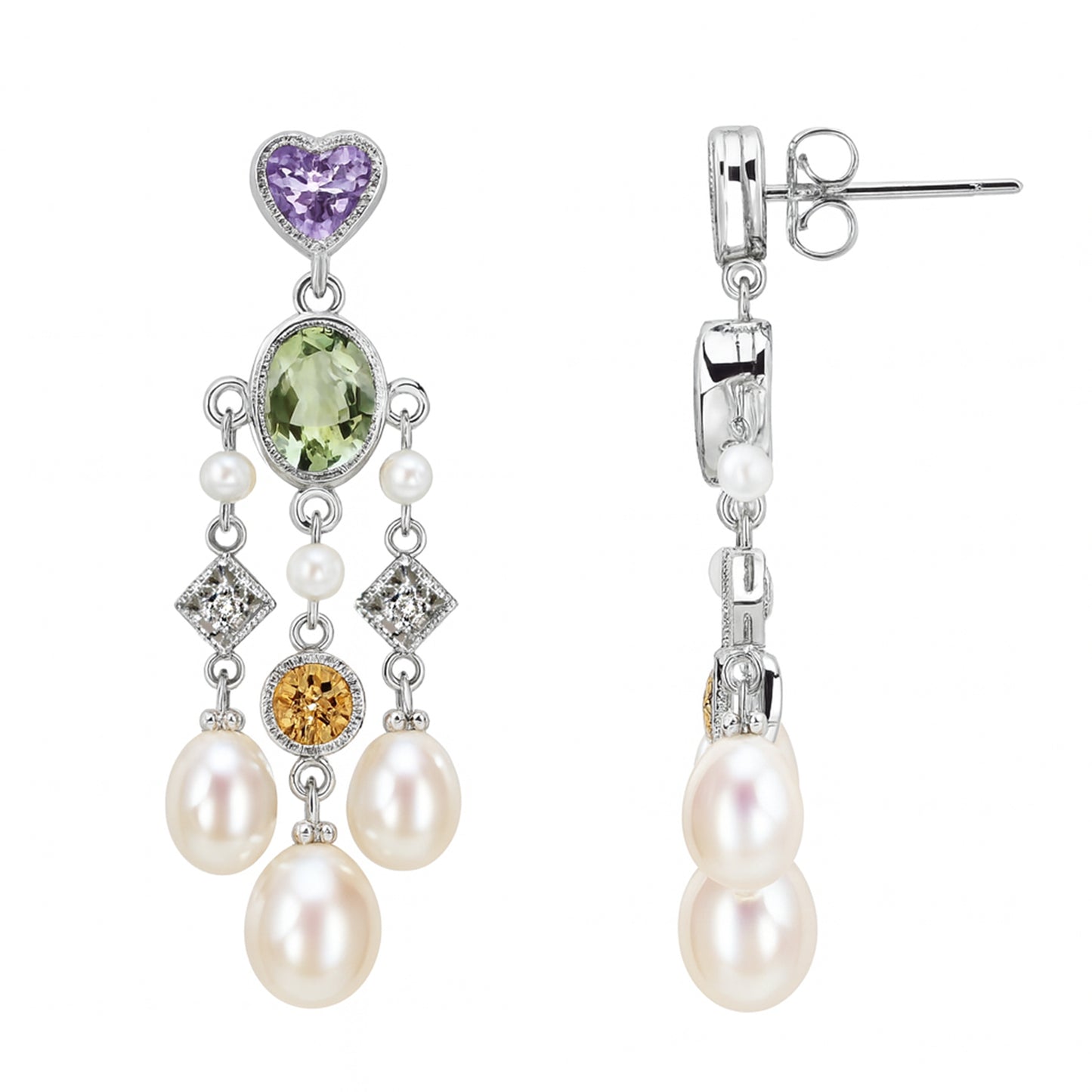 14k White Gold Diamond Green Tourmaline Fresh Water Pearl Earring