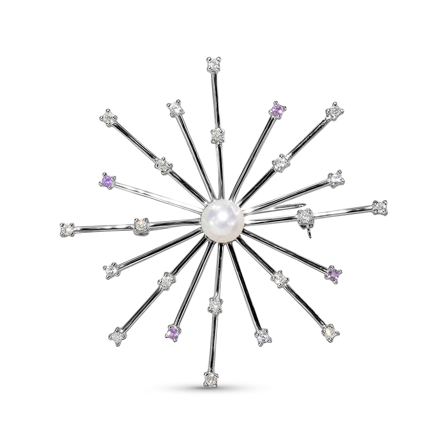 14k White Gold White Pearl, Diamond & Amethyst Pin