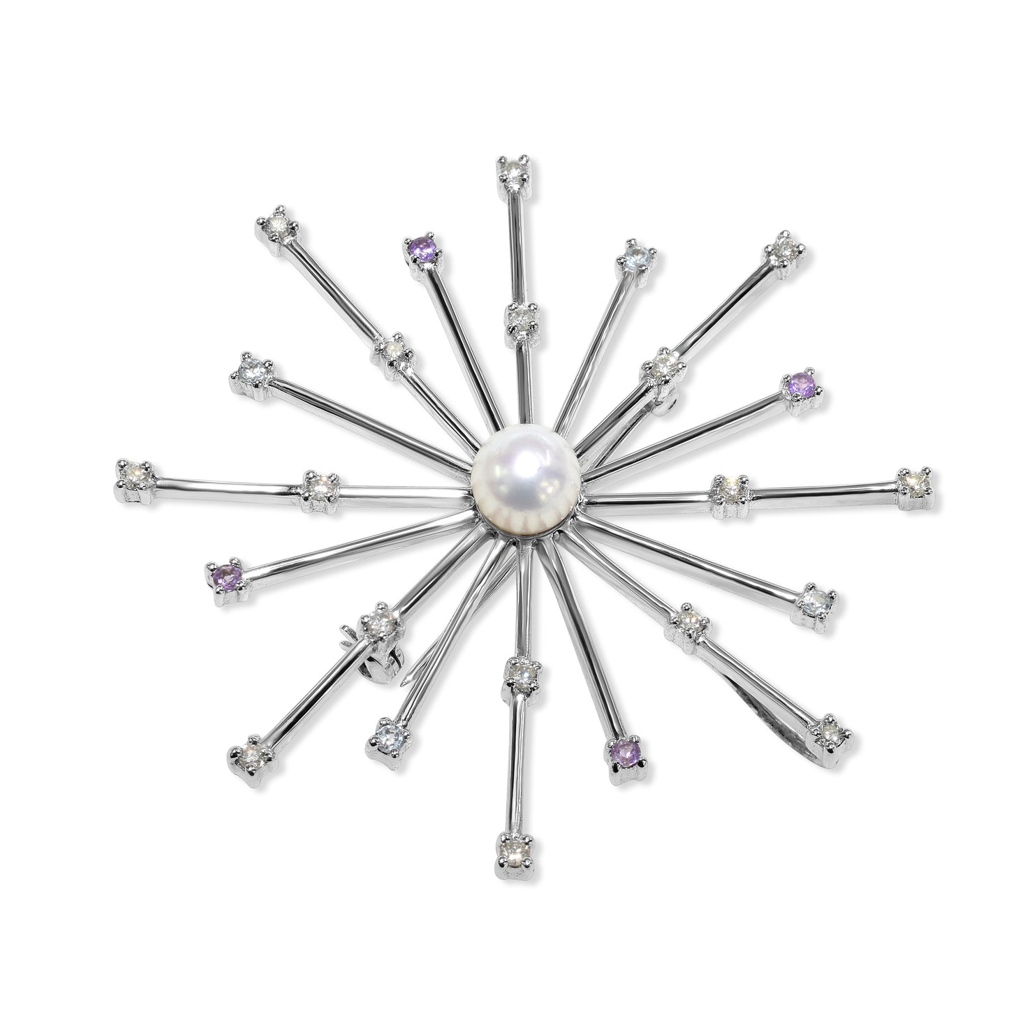 14k White Gold White Pearl, Diamond & Amethyst Pin