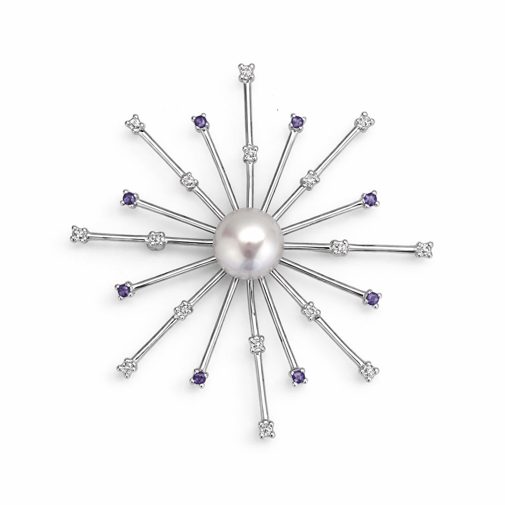 14k White Gold Freshwater Pearl Amethyst and Diamond Star Pin/Pendant