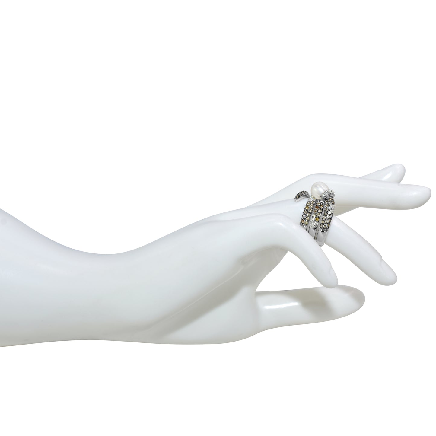 18kw Oblong Freshwater Pearl, Citrine, Brown & White Diamond Snake Ring