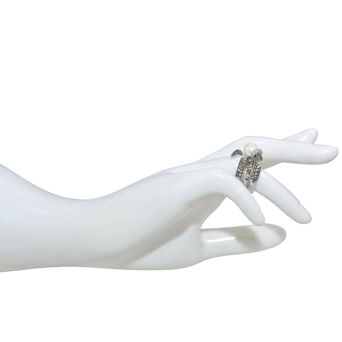 18kw Oblong Freshwater Pearl, Citrine, Brown & White Diamond Snake Ring