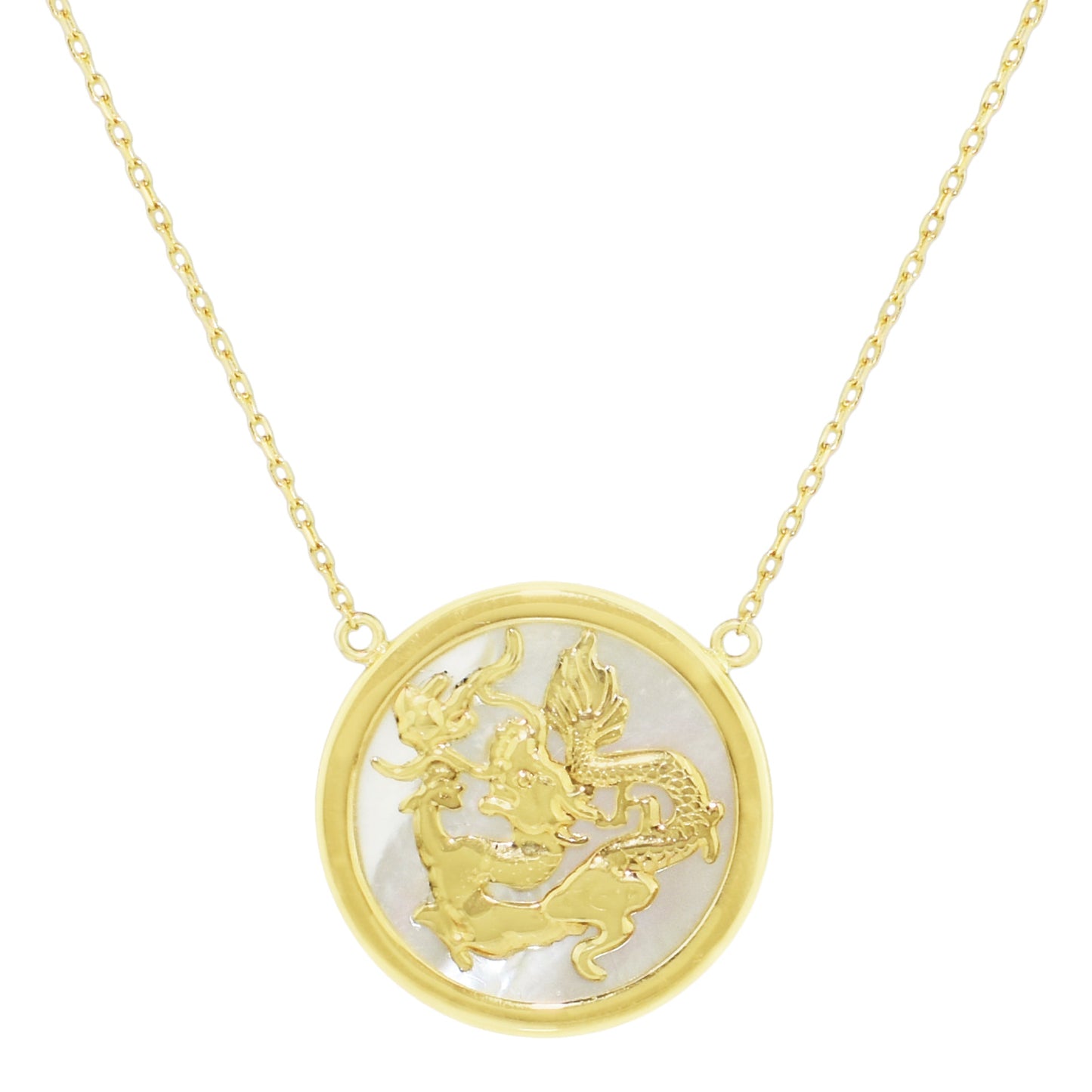 14k MOP Dragon Round Pendant Necklace