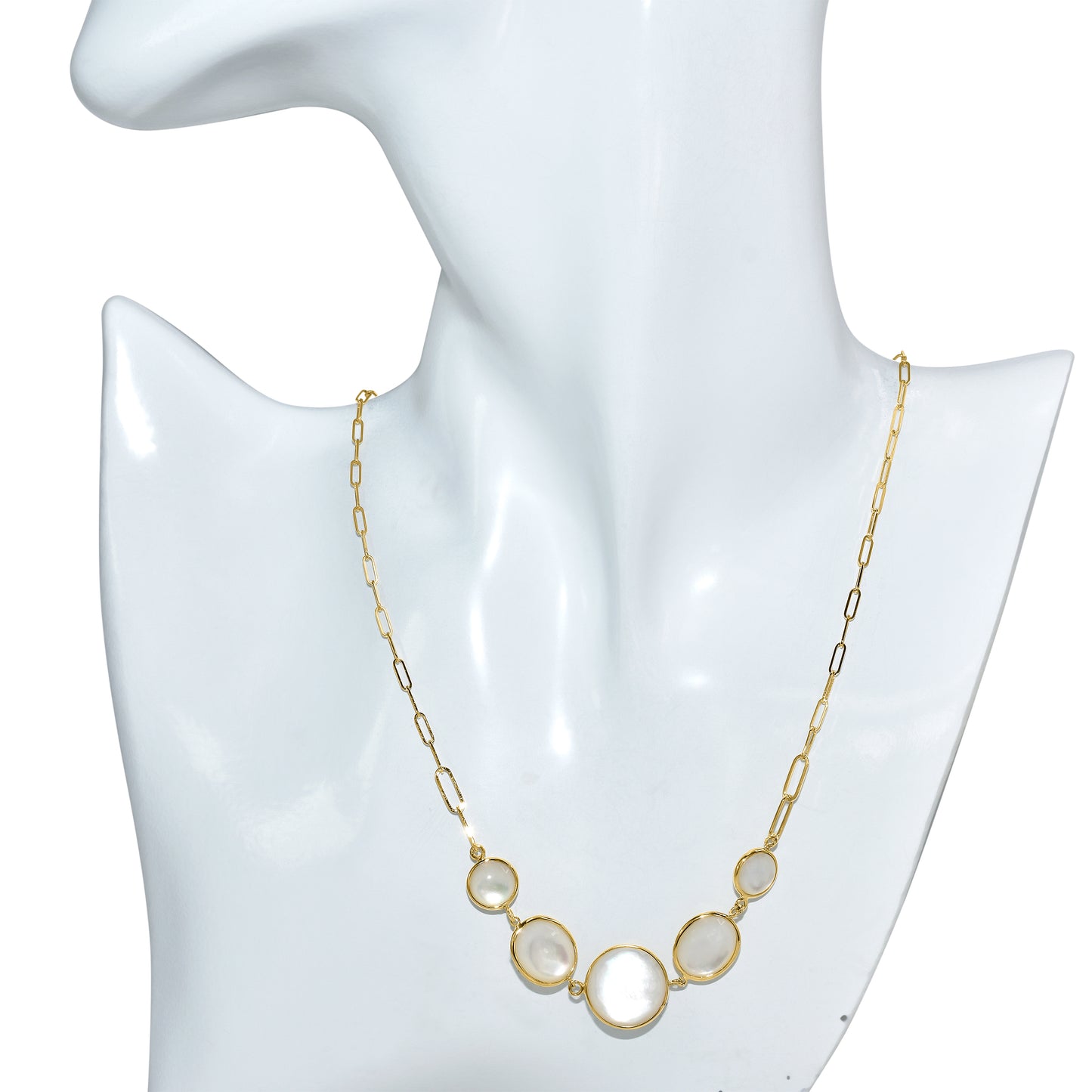 14k Mother of Pearl 5 Bezel Paperclip Chain Necklace