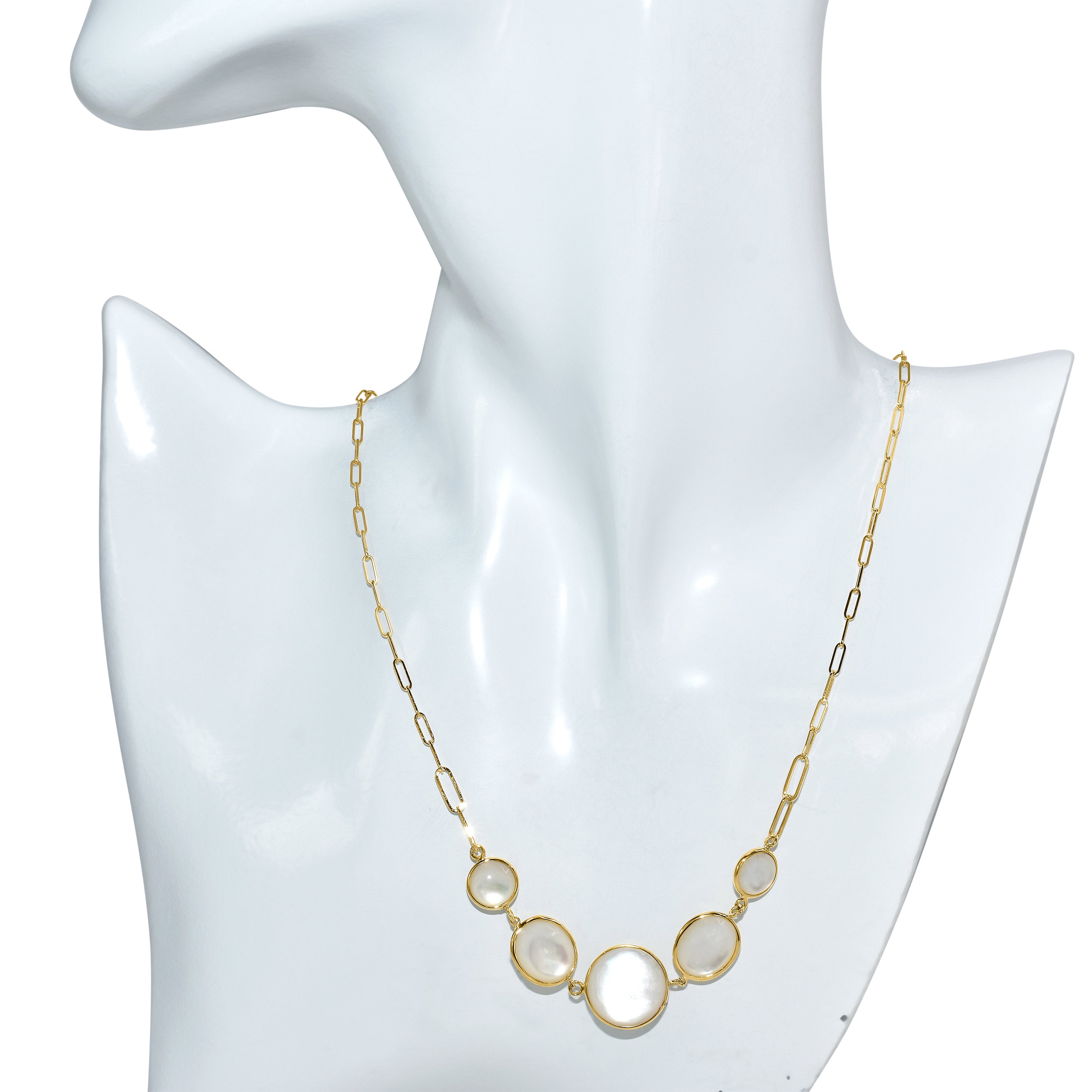 14k Mother of Pearl 5 Bezel Paperclip Chain Necklace