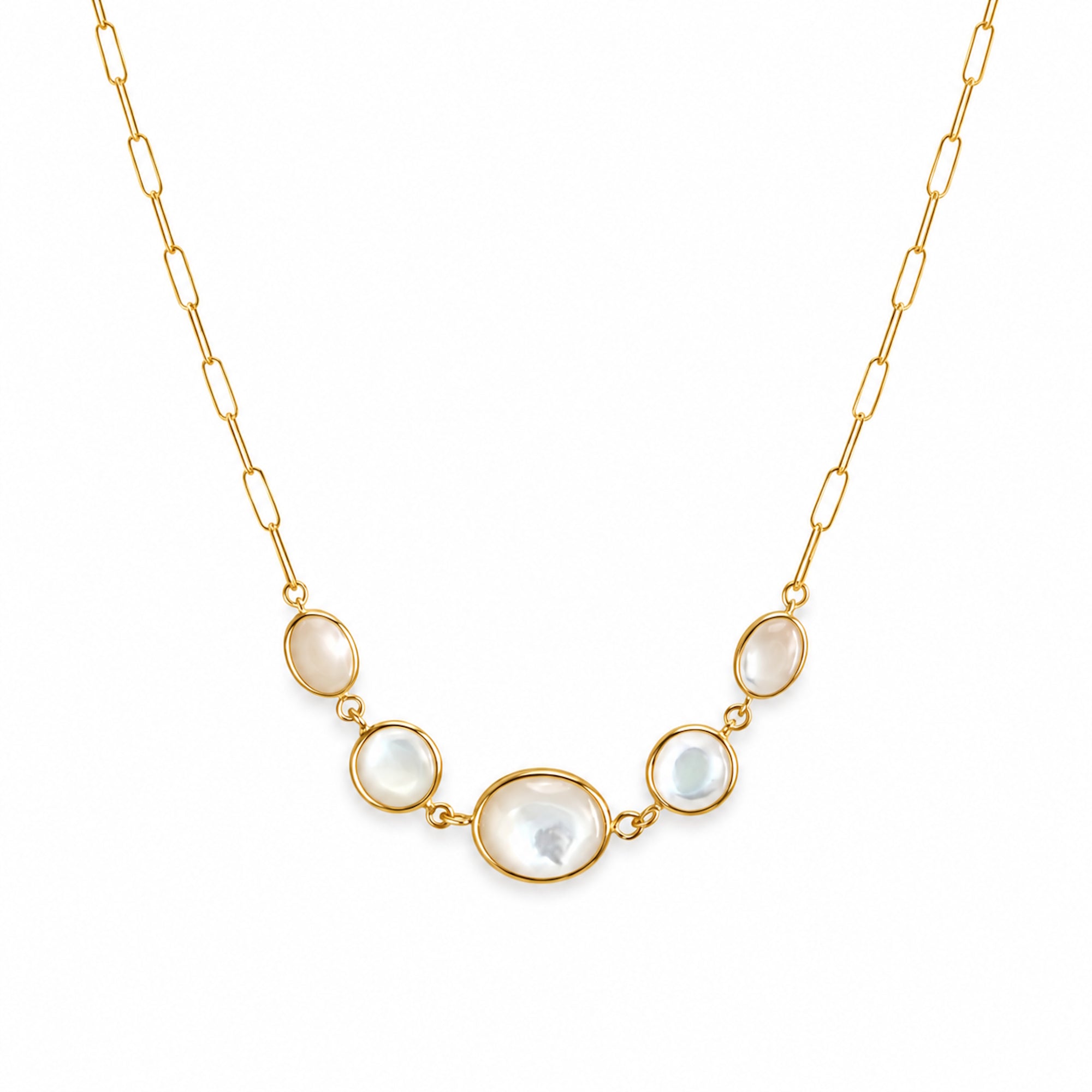 14k Mother of Pearl 5 Bezel Paperclip Chain Necklace