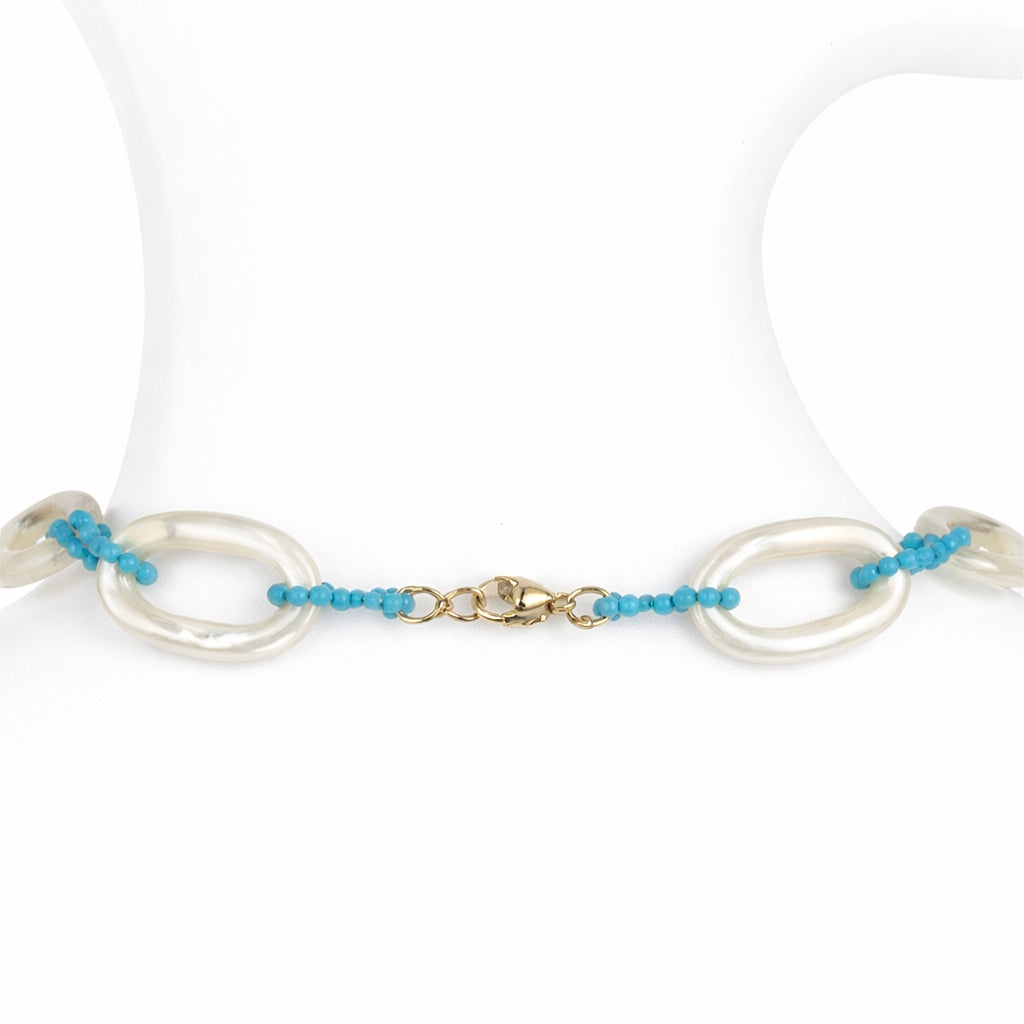 14k Mother of Pearl Oval & Turquoise or Black Spinel Link Necklace