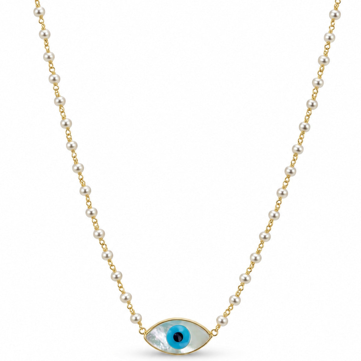 14k White Pearl or Turquoise Link Shell Evil Eye Pendant Necklace