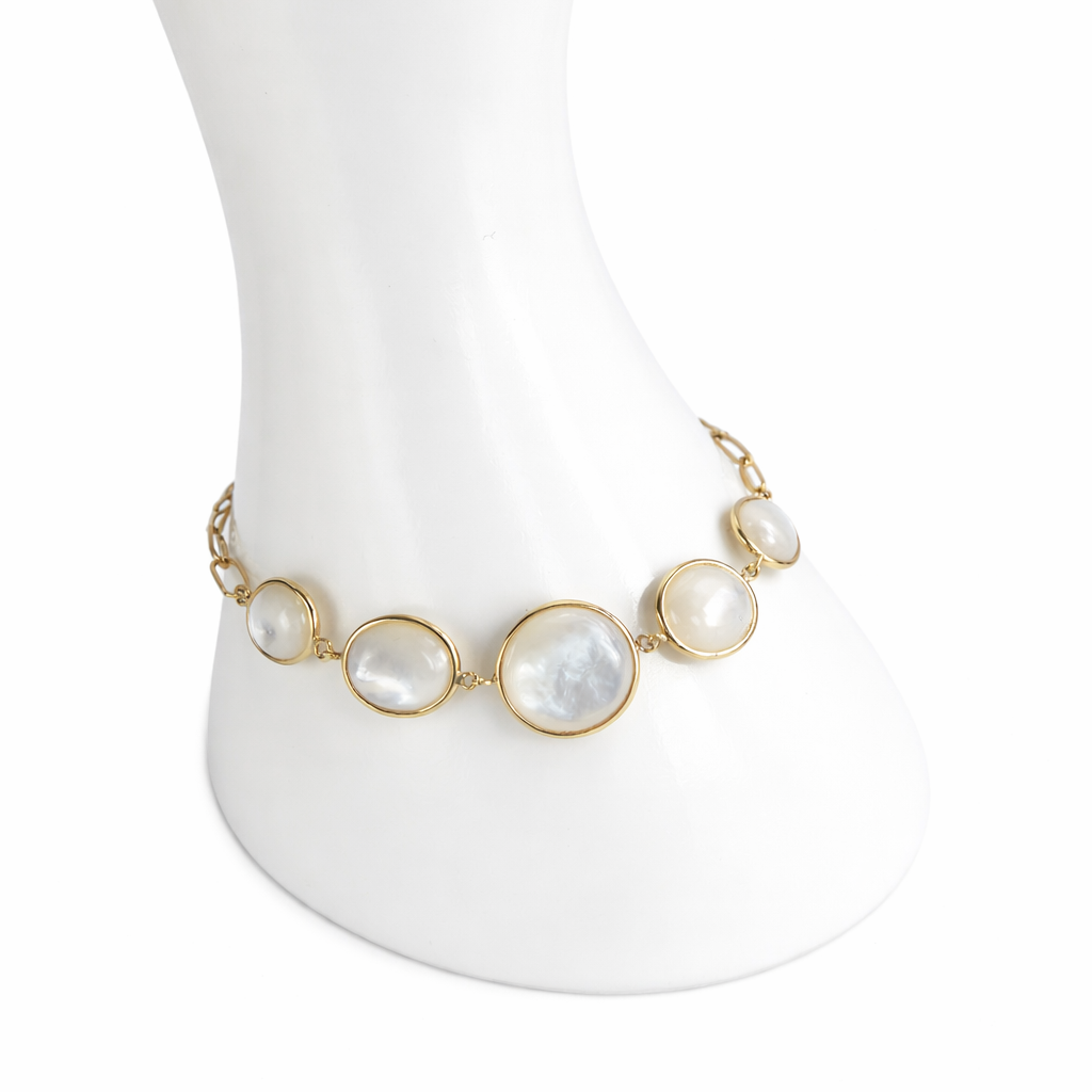 14k Mother of Pearl 5 Bezel Paperclip Chain Bracelet