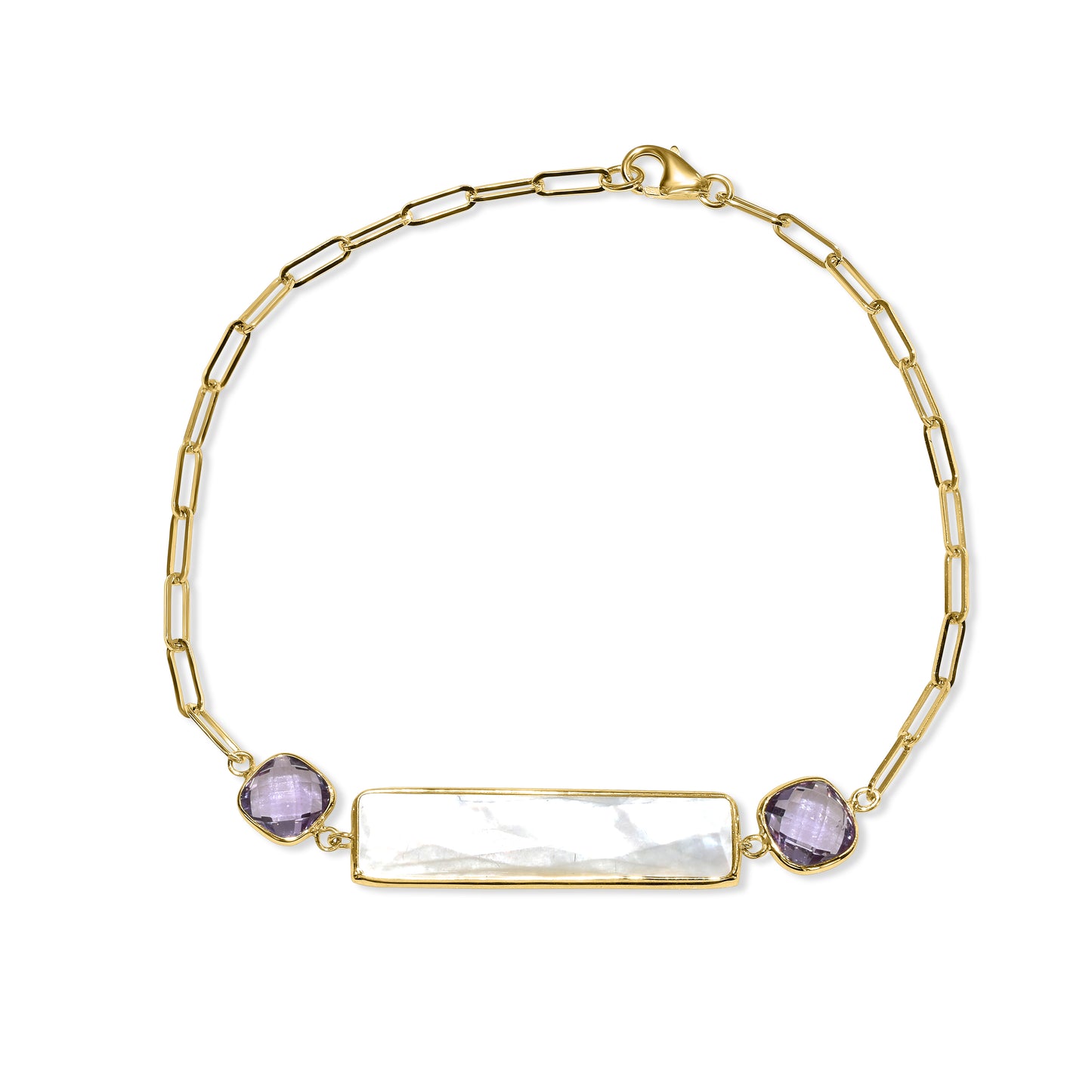14k Mother of Pearl Amethyst Paperclip Bracelet