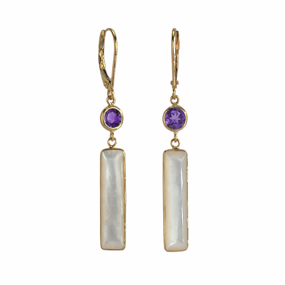 14k Swiss Blue Topaz or African Amethyst & Mother of Pearl Leverback Earring