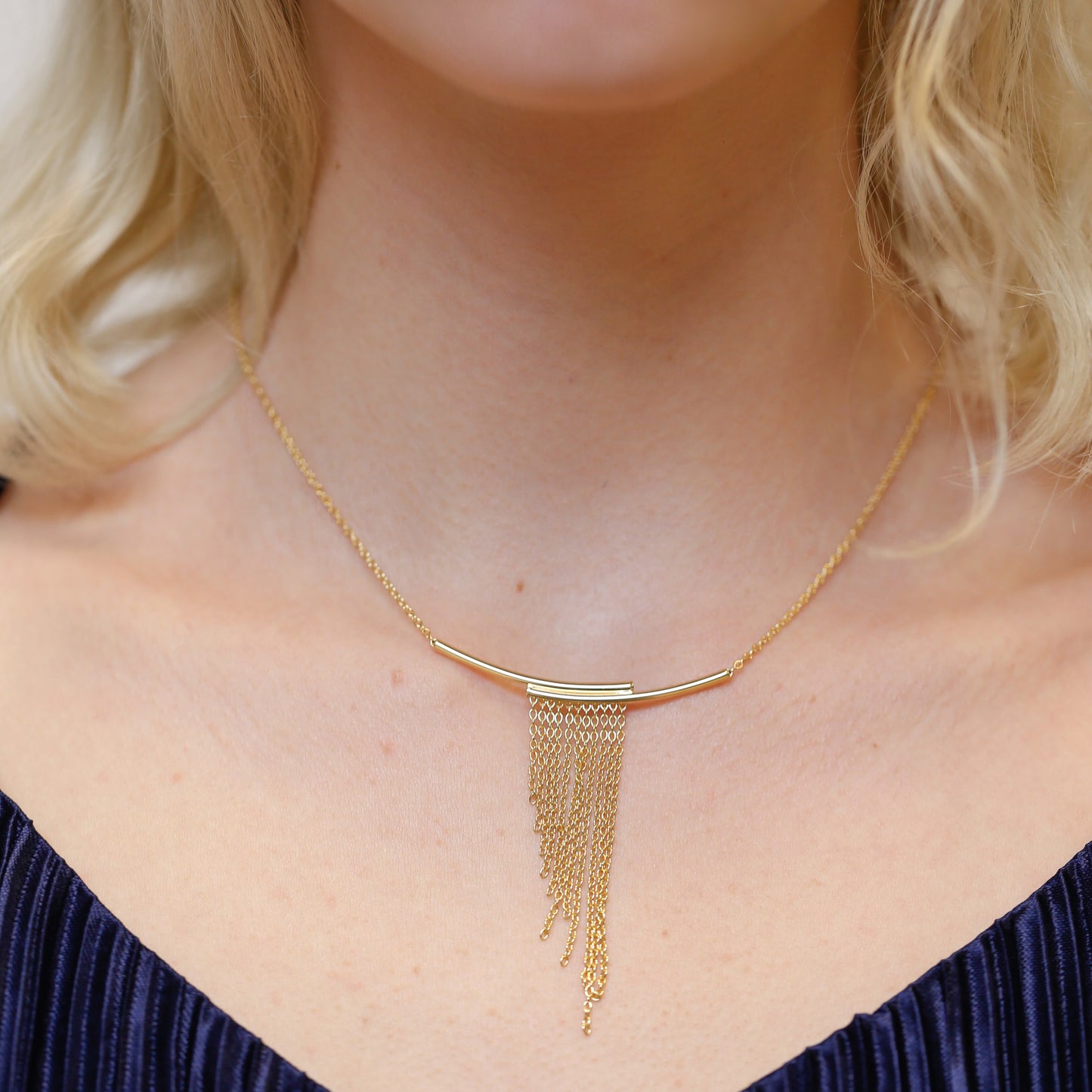 Séchic 14k Curved Bars & Gradient Fringe Necklace 18"