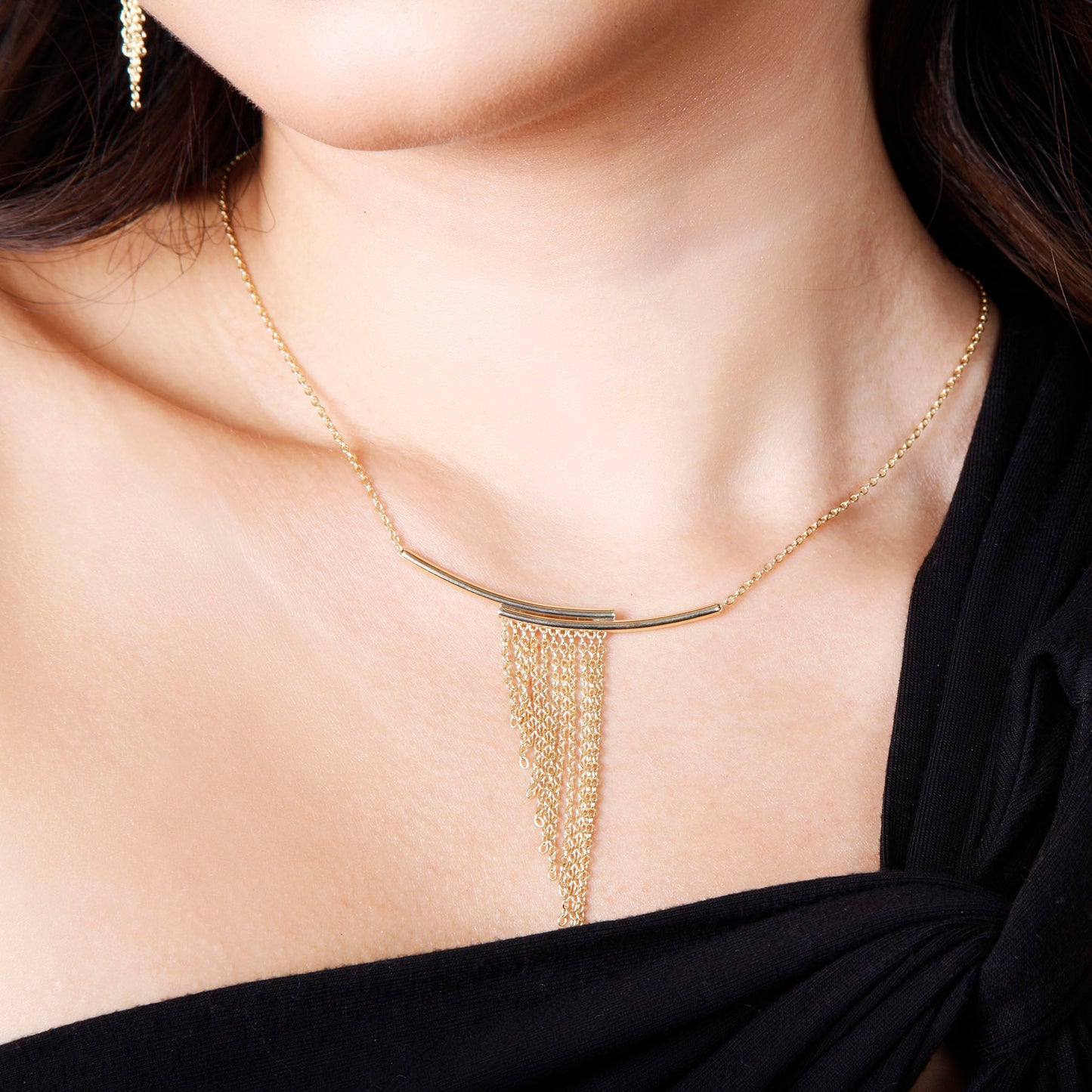 Séchic 14k Curved Bars & Gradient Fringe Necklace 18"