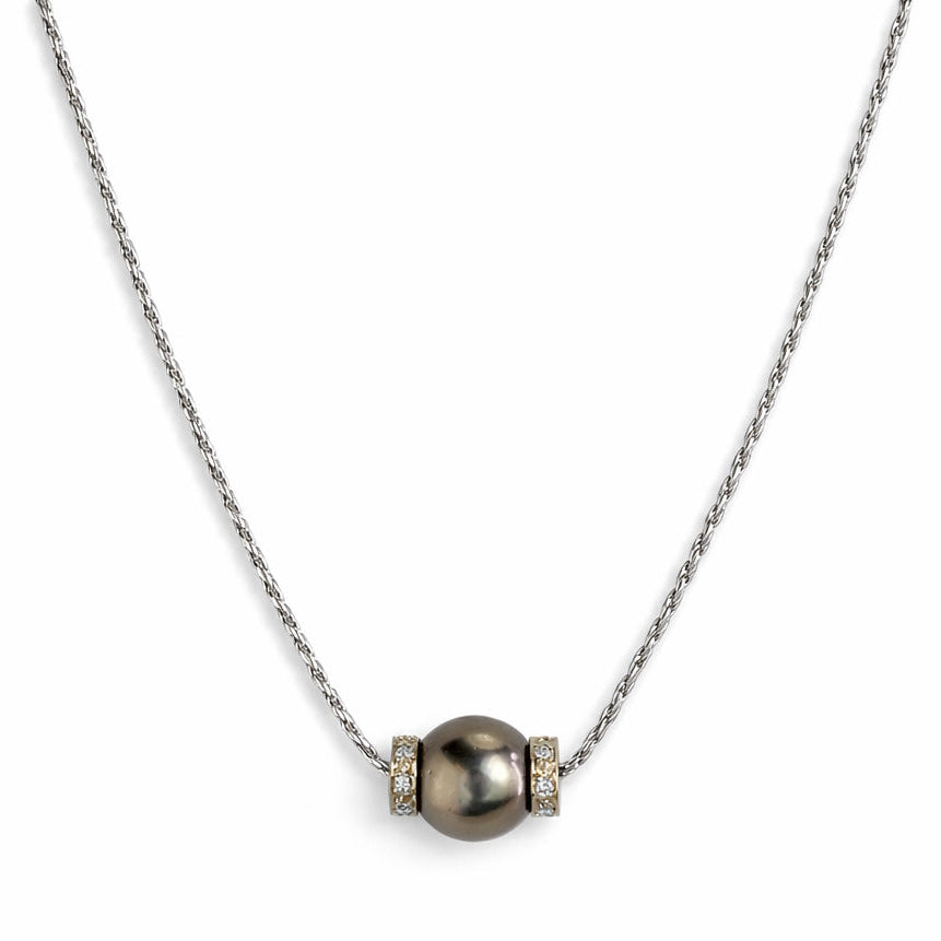 14k White Gold Black Tahitian South Sea Pearl Diamond Slide Necklace
