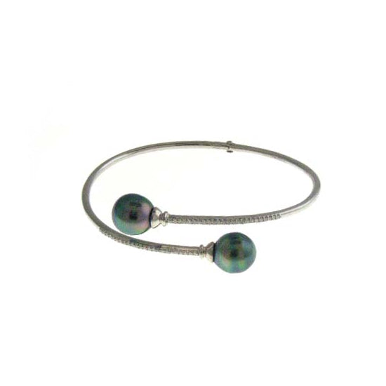 Sterling Silver Tahitian Pearl Diamond Cuff Bangle