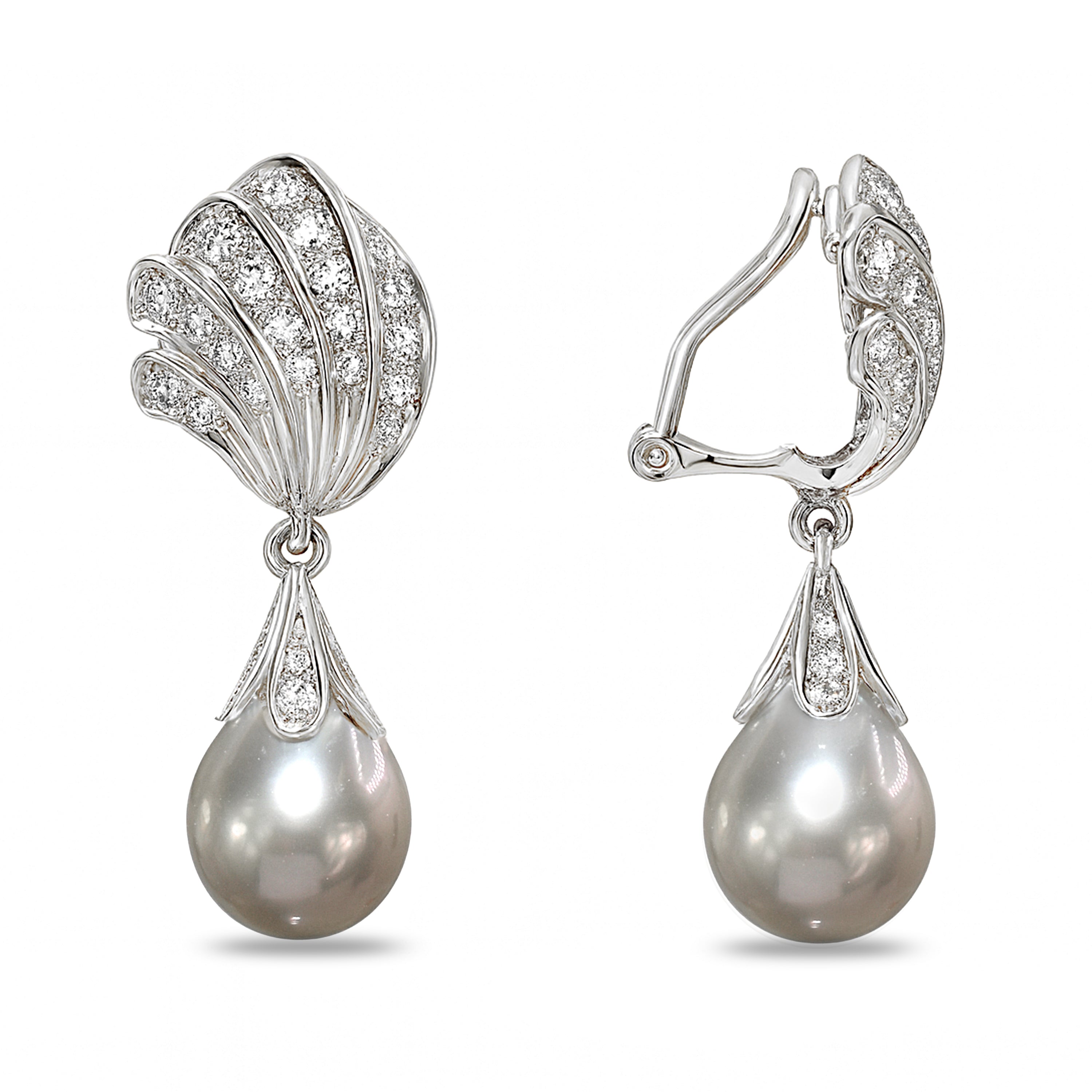 14k White Gold Grey Tahitian South Sea Pearl VS Diamond Ear Clip