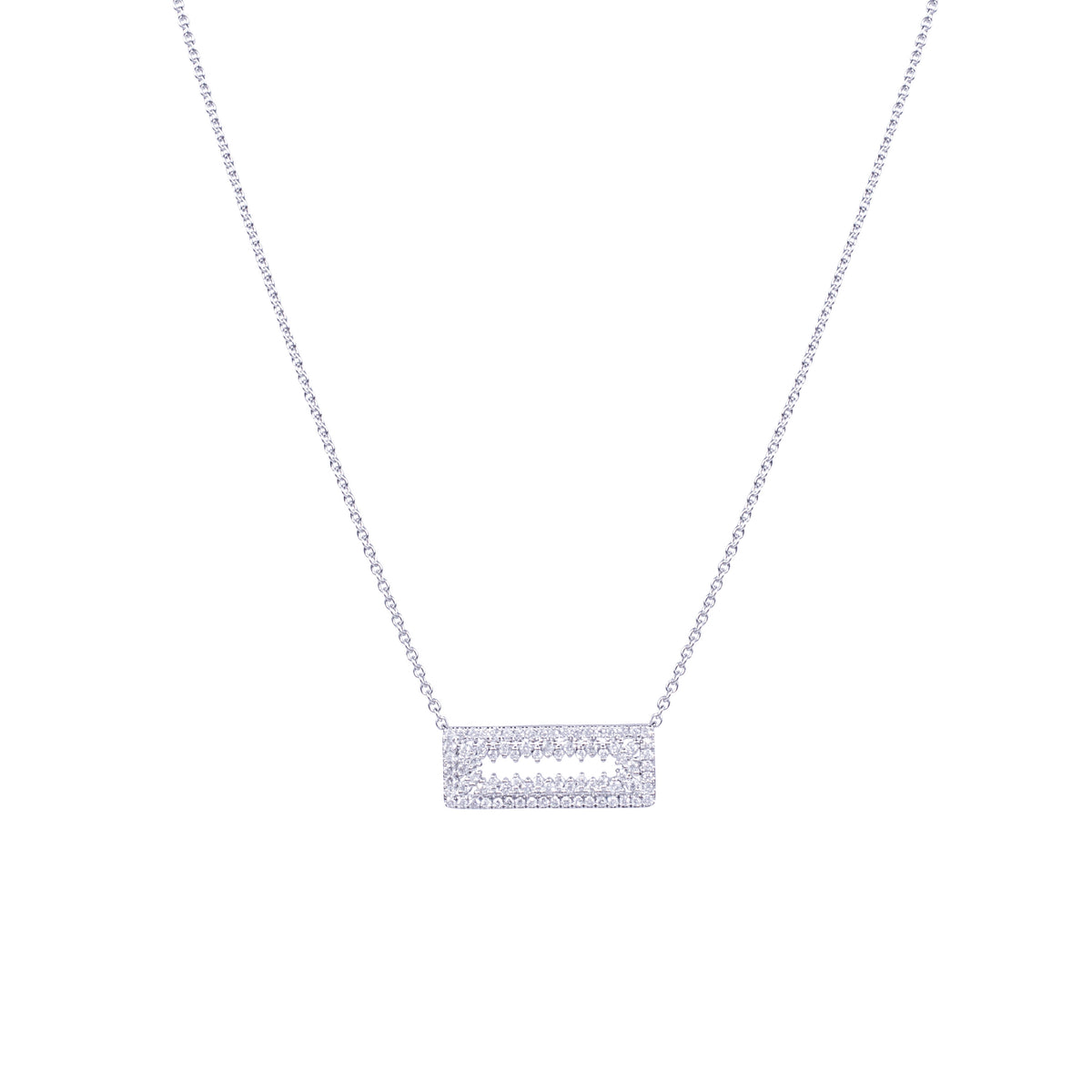 14k White Gold Diamond Open Rectangle Necklace