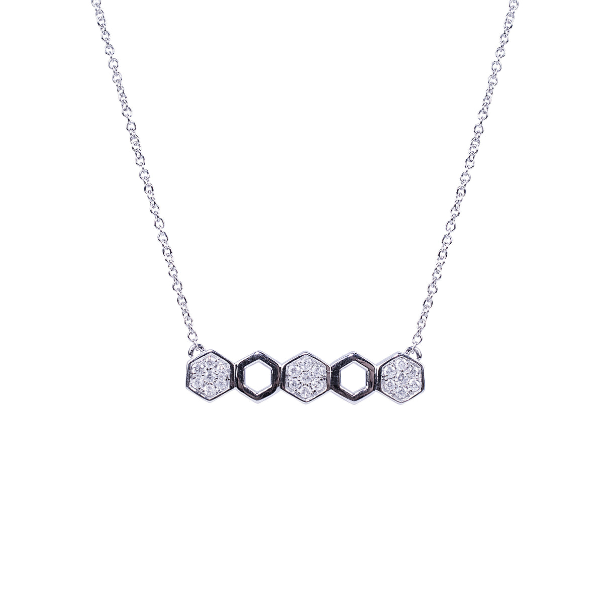 14k White Gold Diamond 5 Hexagon Center Necklace