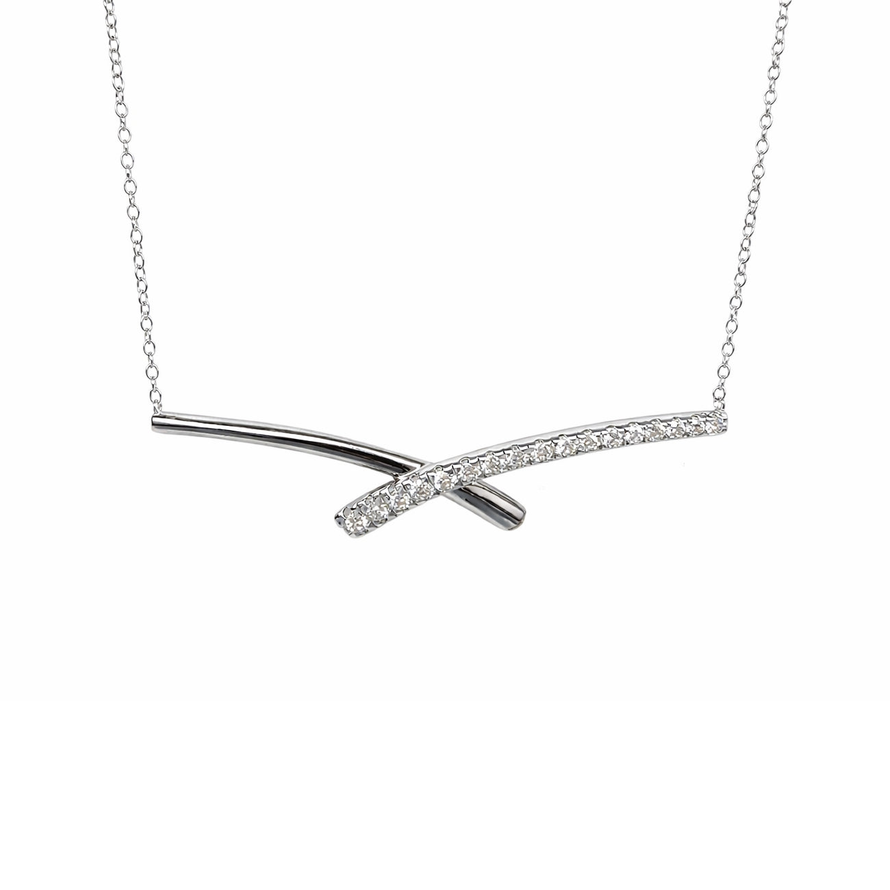 14k White Gold Diamonds X Shape Bar Pendant Necklace