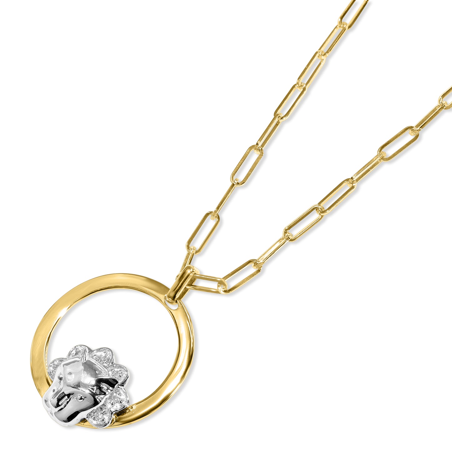 14k Yellow/White Gold Leo Zodiac Diamond Pendant Paperclip Necklace