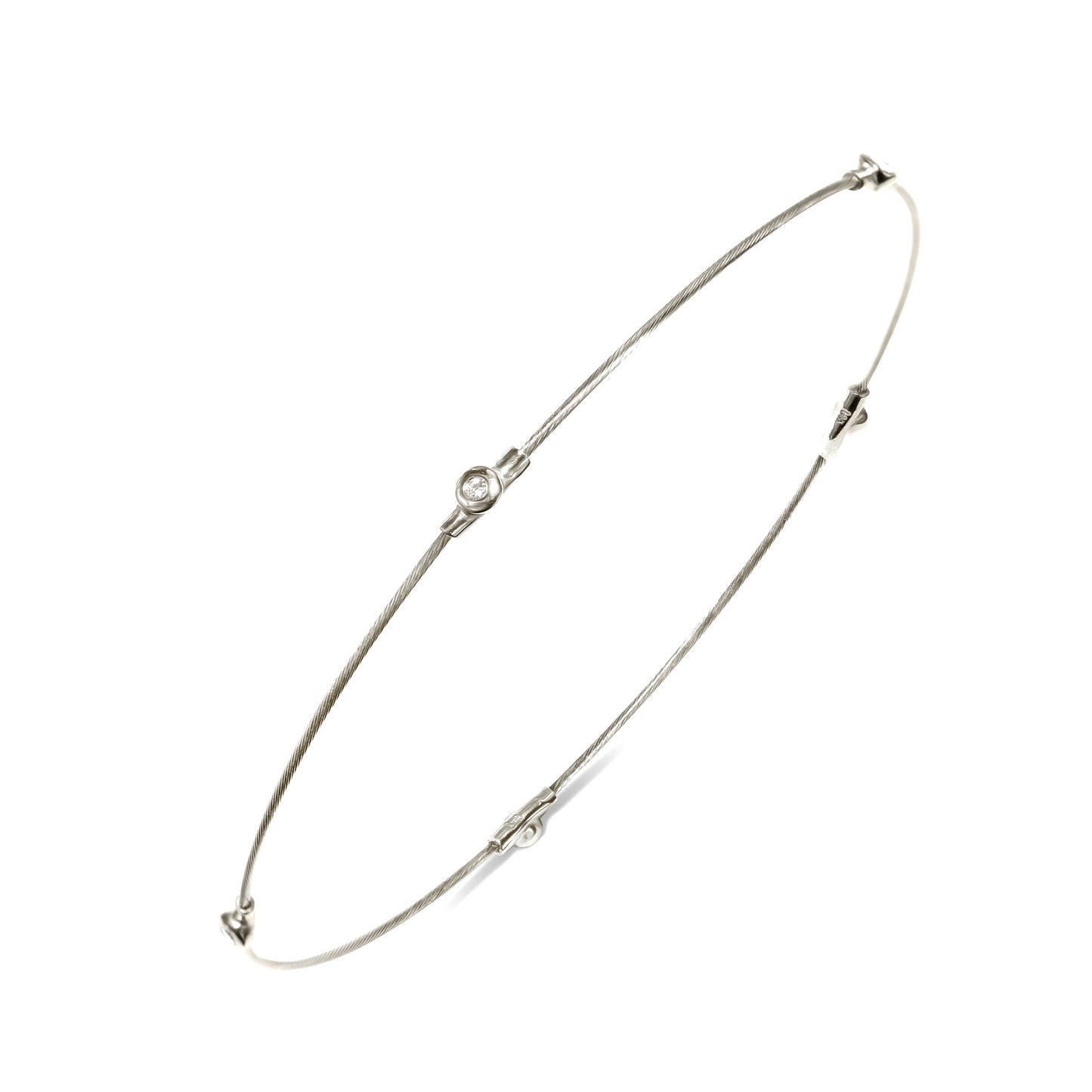 14k White Gold Diamond Station on Cable Wire Bracelet 7"