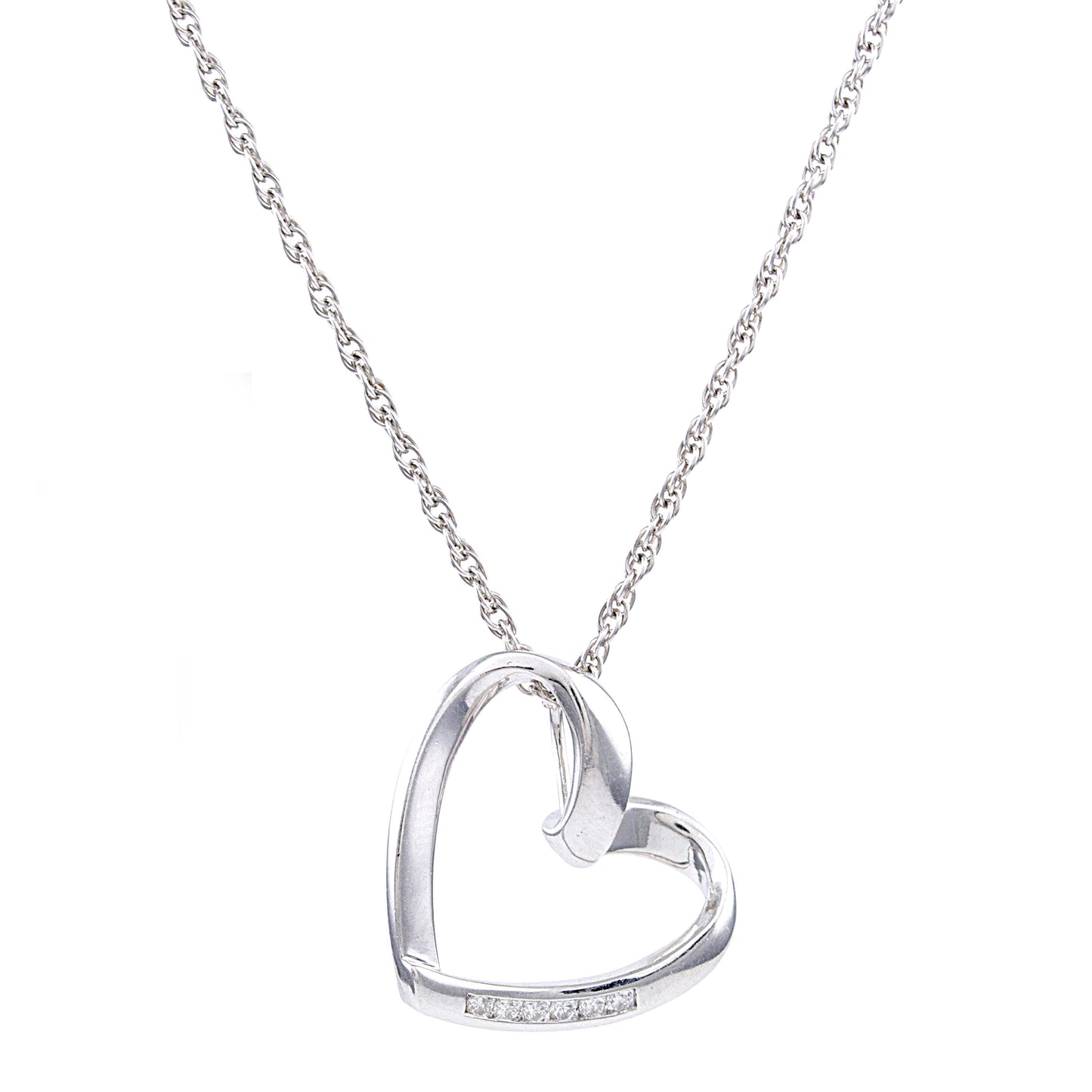 14k White Gold Diamond Open Heart Slider Pendant Necklace