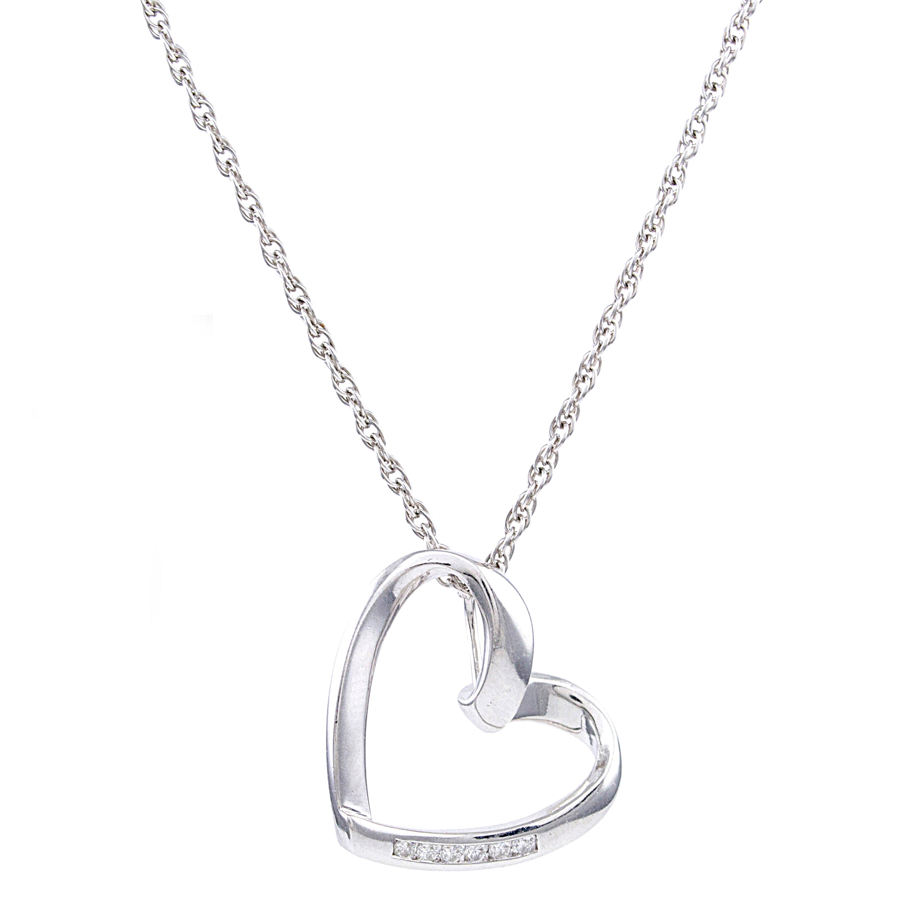 14k White Gold Diamond Open Heart Slider Pendant Necklace