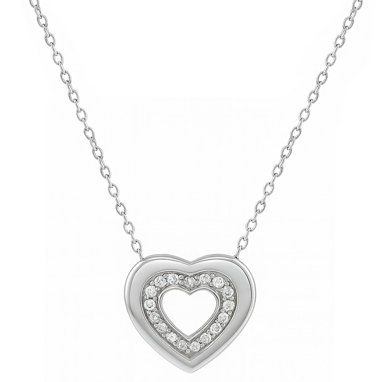 14k White Gold Diamond Open Heart Slider Pendant Necklace