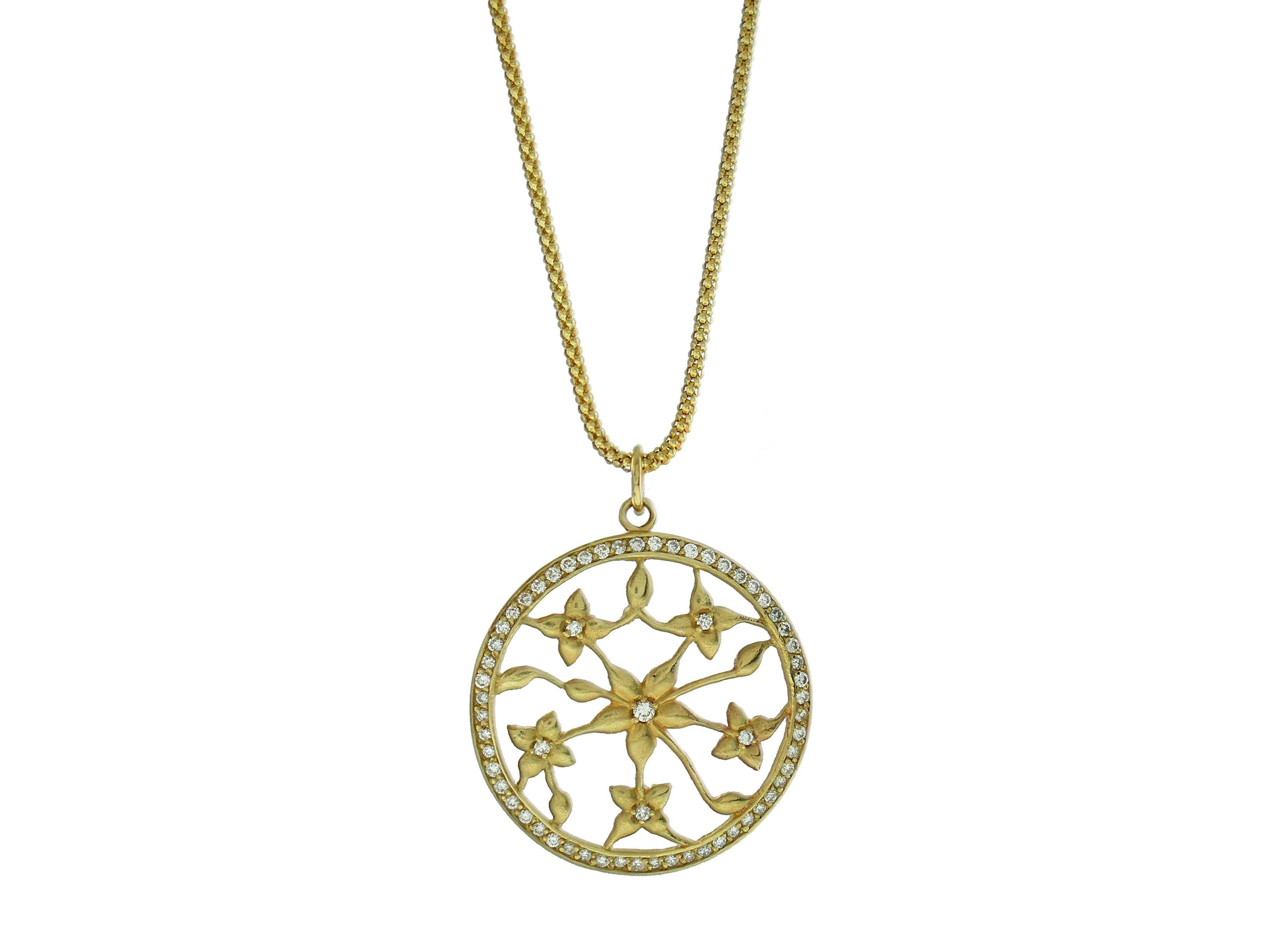 14k Diamond Jasmine Circle Pendant