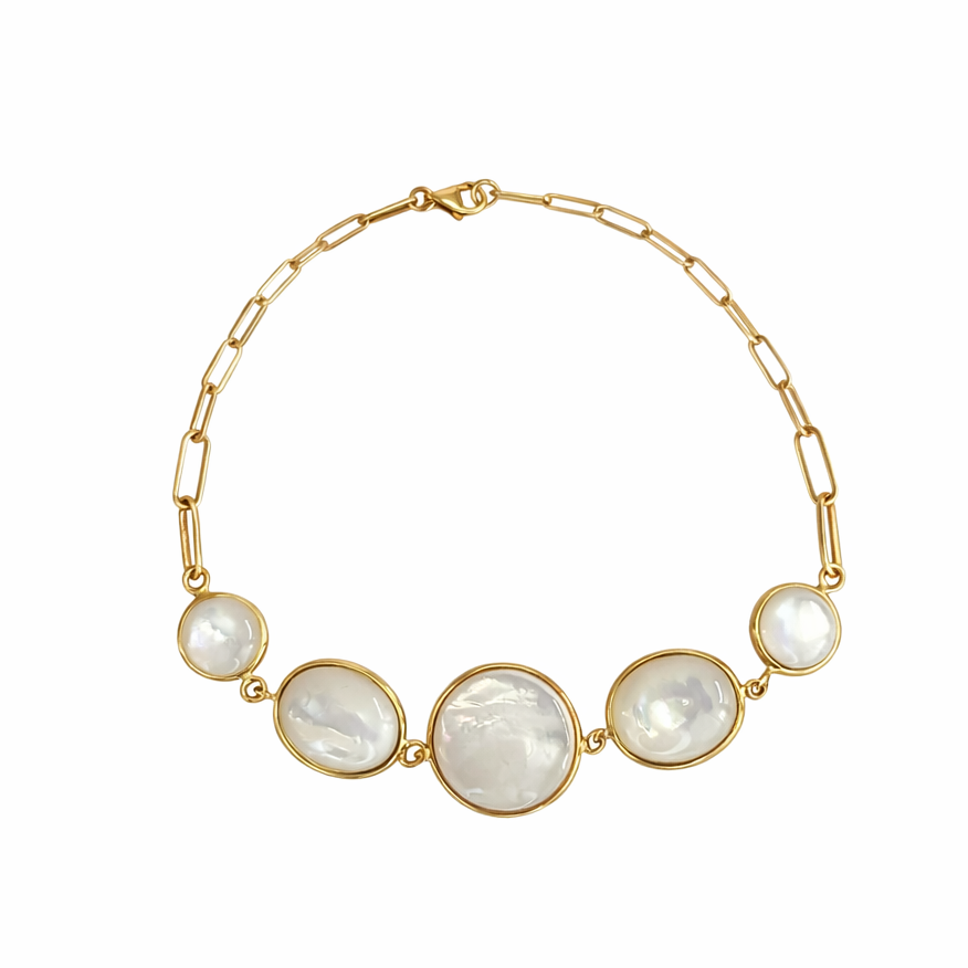 14k Mother of Pearl 5 Bezel Paperclip Chain Bracelet