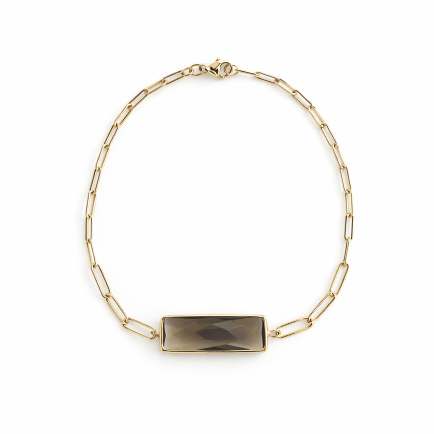 14k Smoky Quartz Rectangle Bezel Center Paperclip Bracelet