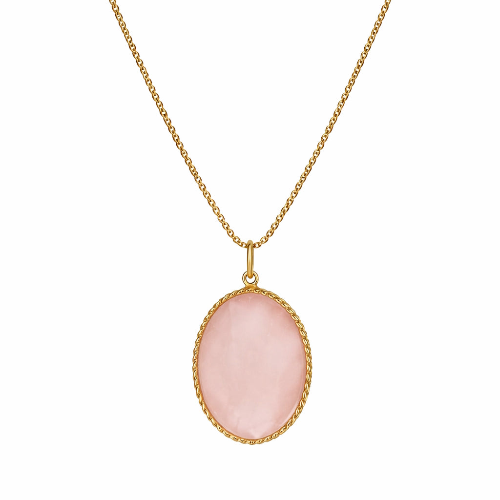 14k Rose Quartz Bezel Oval Pendant Necklace