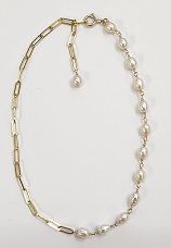 14k White Freshwater Pearl Link Paperclip Anklet 9.5"