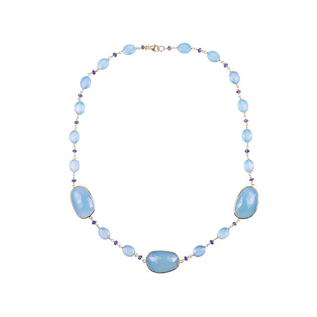 14k Chalcedony Bezel Sapphire Bead Necklace