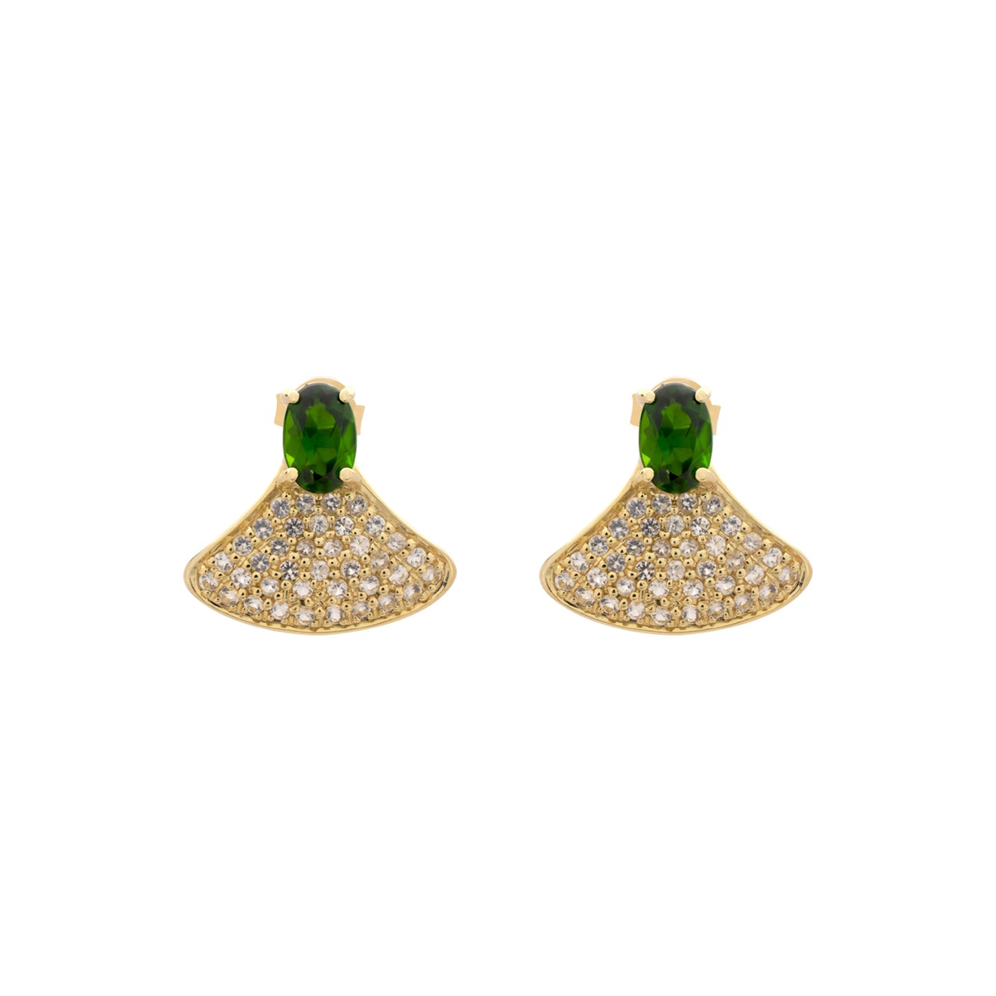 14k Yellow Chrome Diopside White Topaz Fan Shape Earring