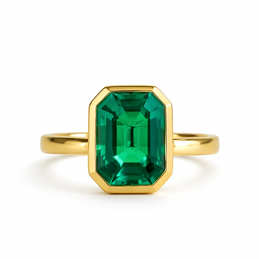 14k Lab Grown Emerald Octagon Bezel Emerald Cut Ring