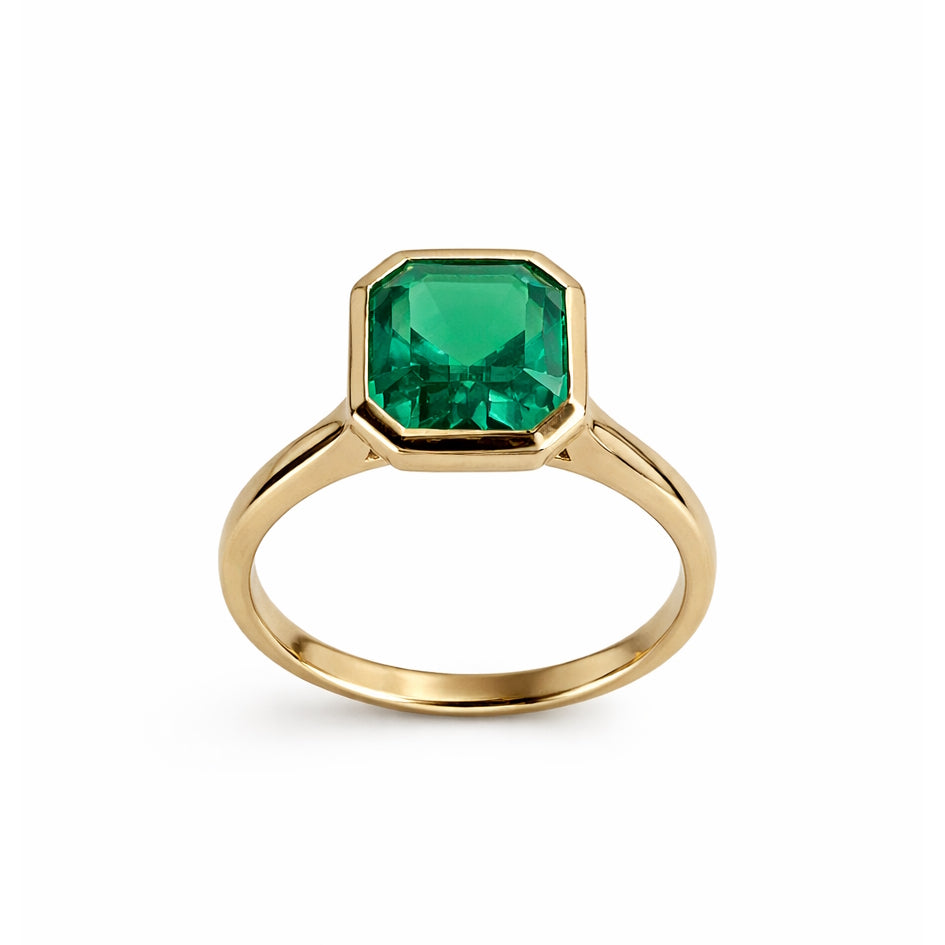 14k Lab Grown Emerald Octagon Bezel Emerald Cut Ring