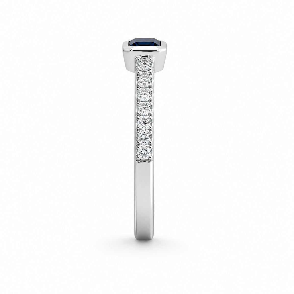14k White Gold Rectangle Bezel LG Diamonds & LG Sapphire Ring