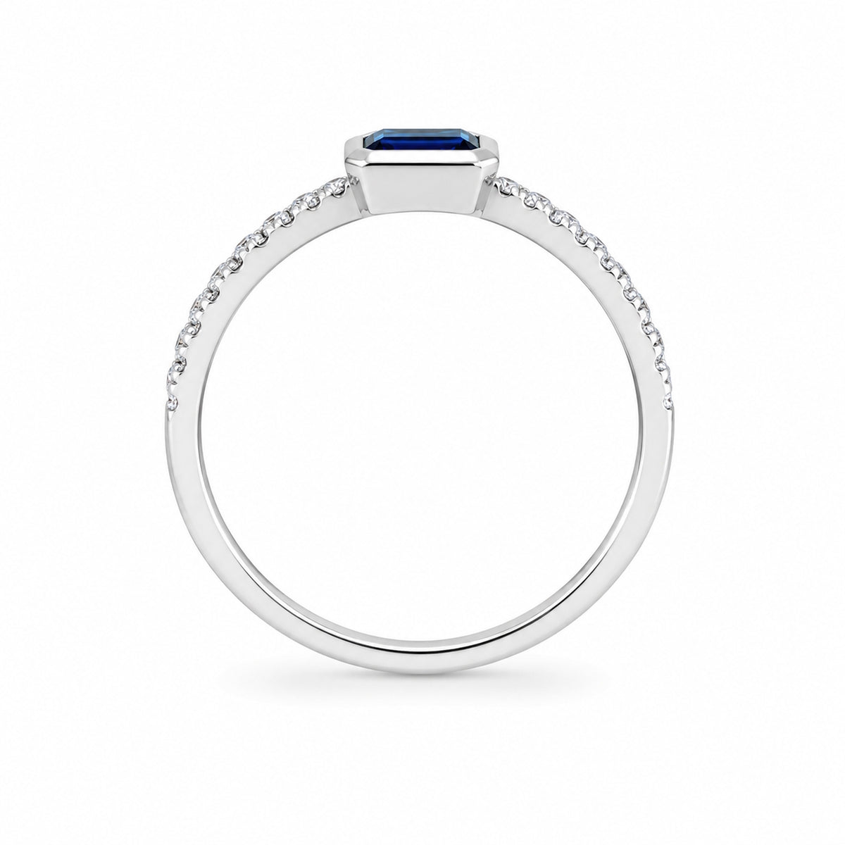 14k White Gold Rectangle Bezel LG Diamonds & LG Sapphire Ring